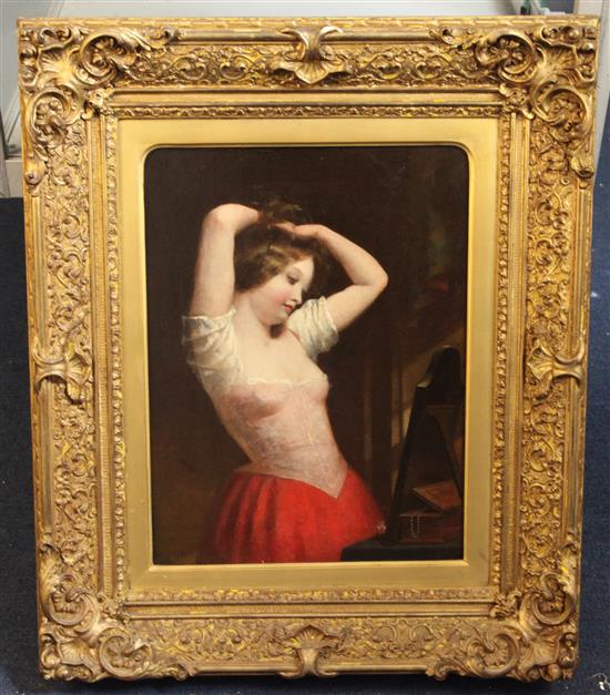 19th Century French School Young lady dressing her hair 16 x 12in.